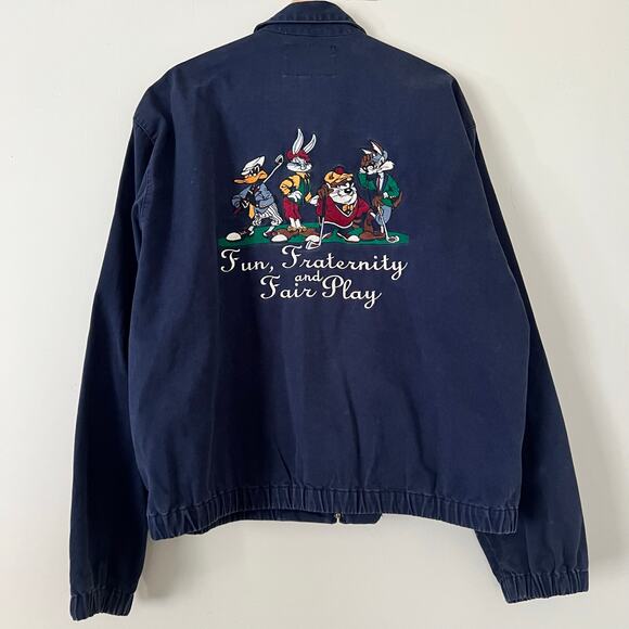 Looney Tunes Vintage Acme Men's Golf Jacket Embroidered Navy Bugs Taz Daffy - Picture 1 of 4